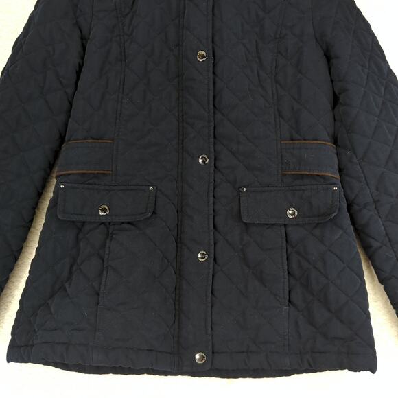 Laundry Shellie Segal Navy Blue Quilted Jacket Women Medium Faux Fur Hood Casual - Picture 4 of 9